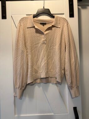 Adrianna Papell long sleeve pointelle collared top in Light Beige
